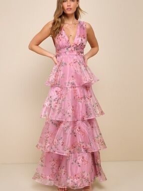 Lulus Garden Radiance Pink Floral Print Organza Tiered Maxi Dress - Size M